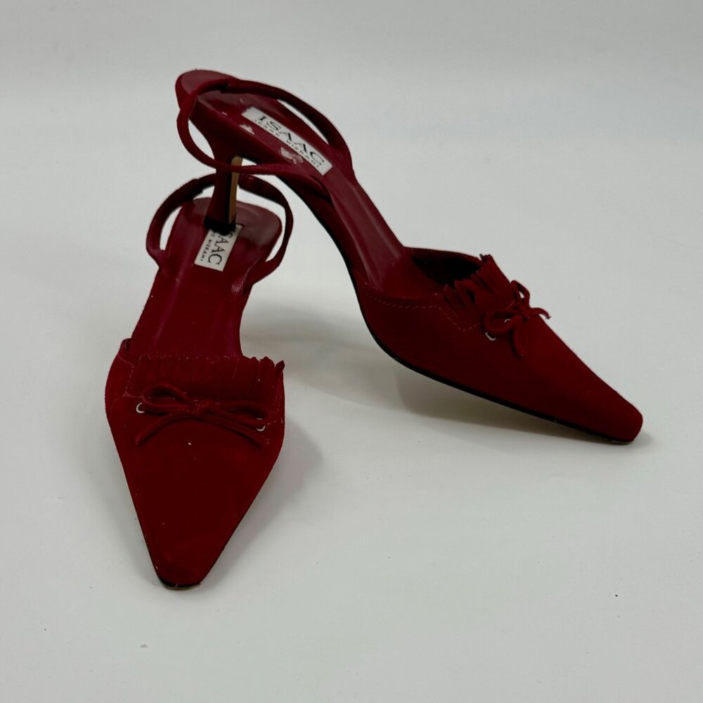 Isaac Mizrahi Red Suede Pointed Toe Slingback Heels With Bow Detail Size 8 M Mad